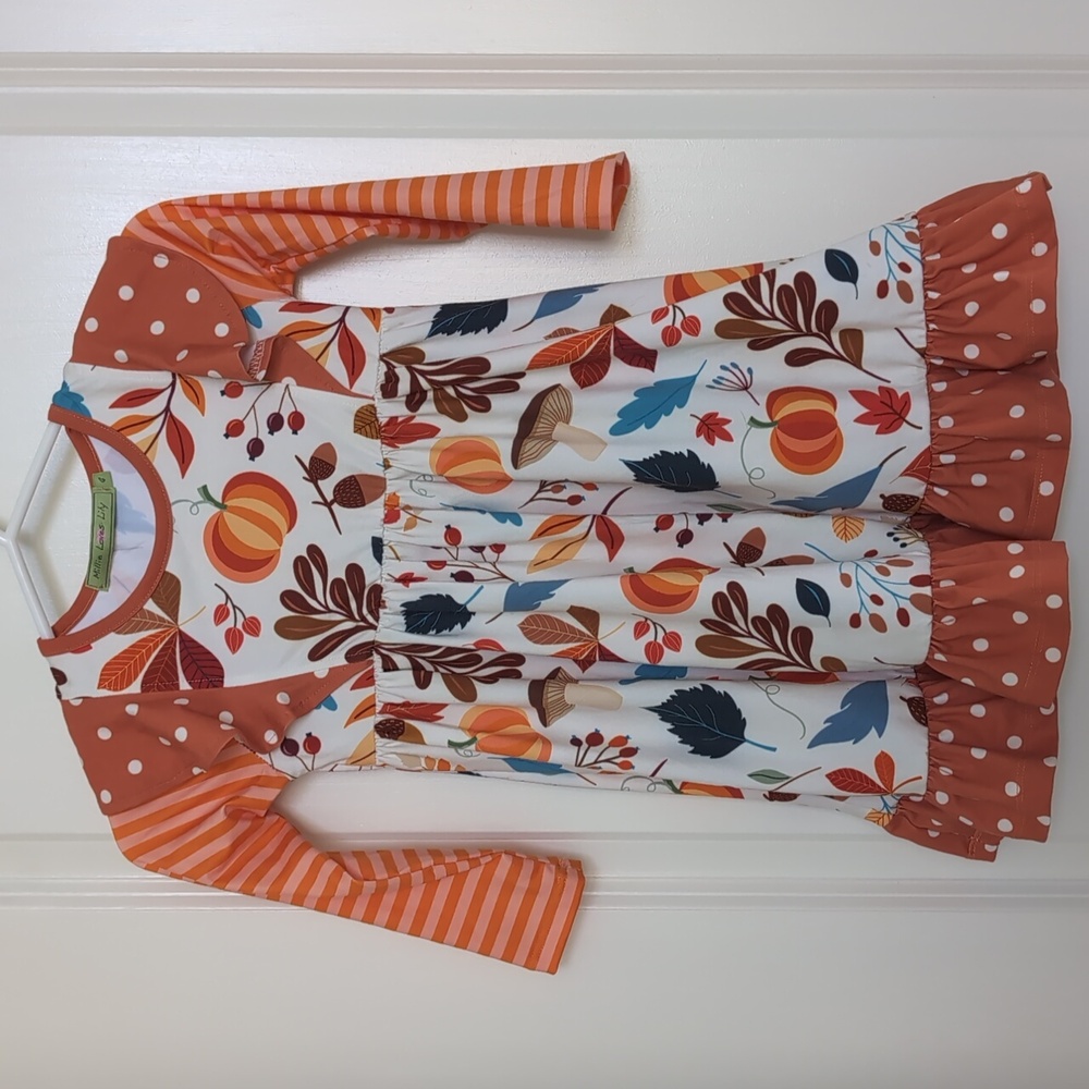 Millie Loves Lily Autum Stripe Floral Ruffle Sleeve Dress Girls 4